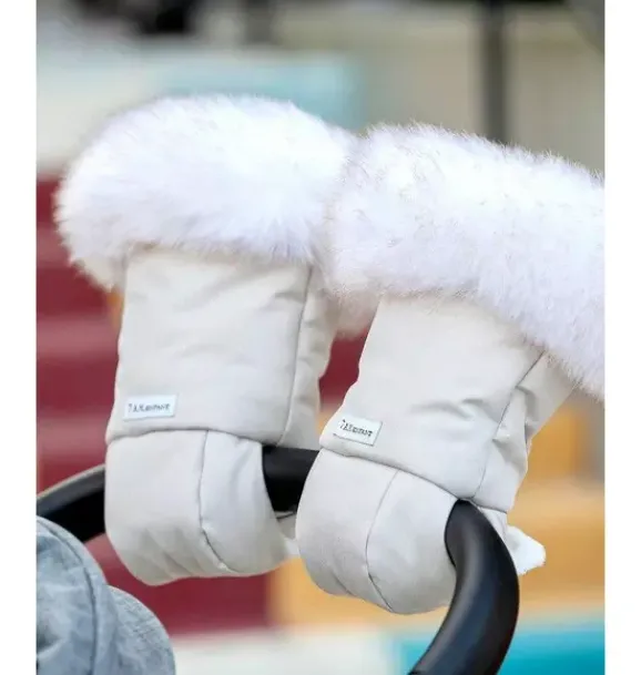 Janie and Jack Strollers-Warmmuffs - Tundra Plush heather beige - white faux fur