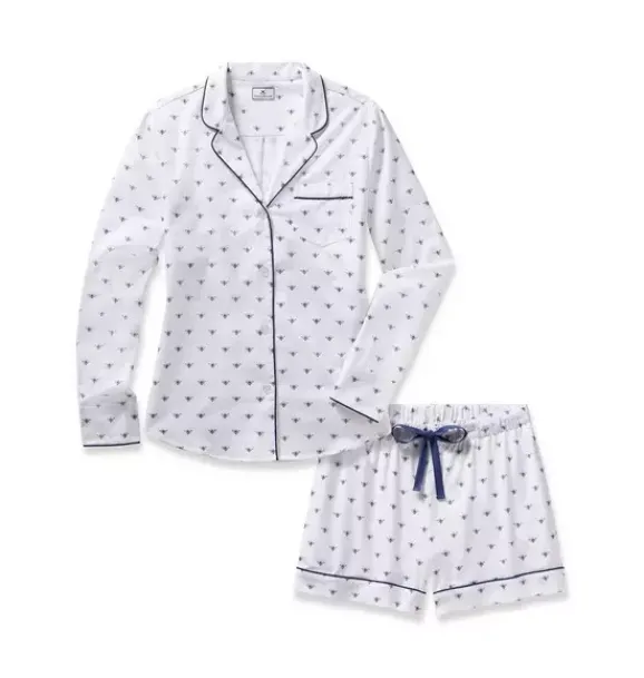 Janie and Jack Adult Pajamas|Petite Plume-Women's Twill Long Sleeve Short Set in Buzzing Bees white